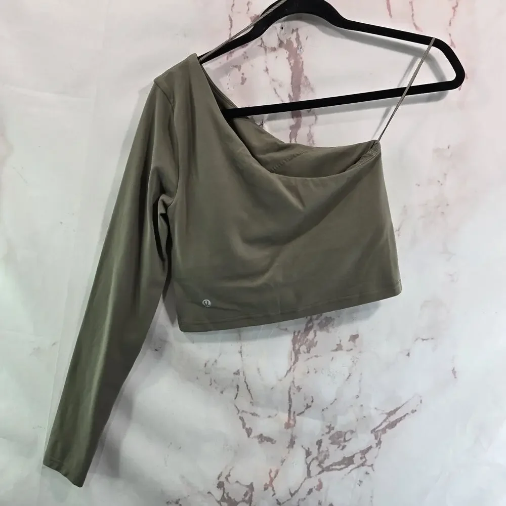 Lululemon Shirt Womens 6 Align LS Nomad Brown One Shoulder Crop Bra Asymmetric